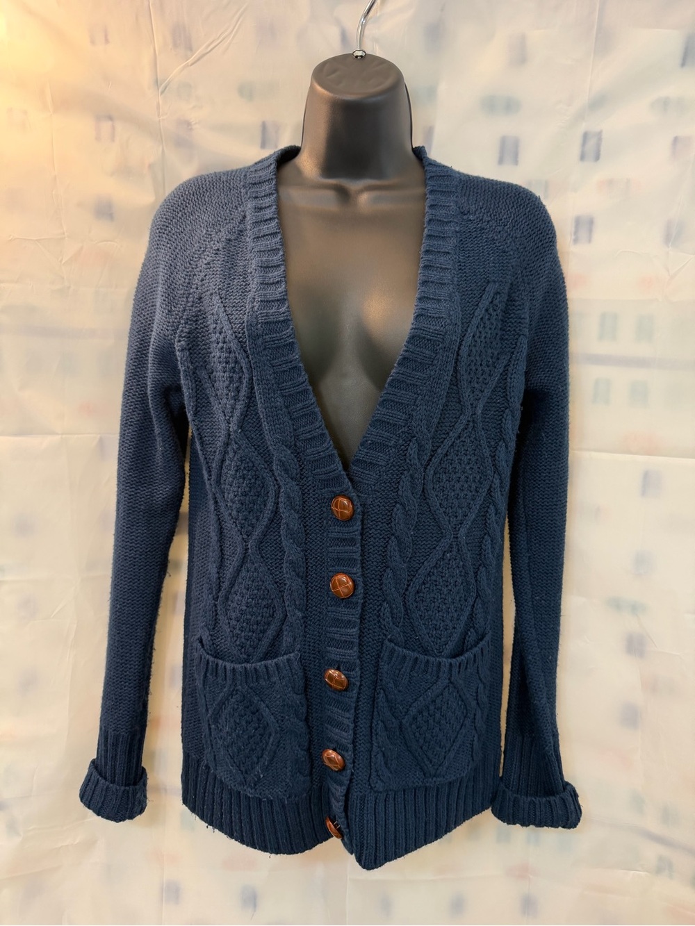 Black Poppy Navy Cable Knit Button-Front Cardigan